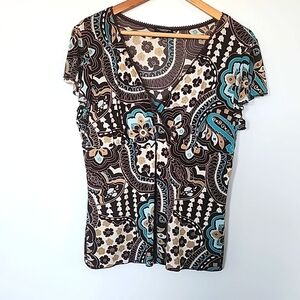 Perception Concept Cap Sleeve Brown and Teal Blouse Size XL